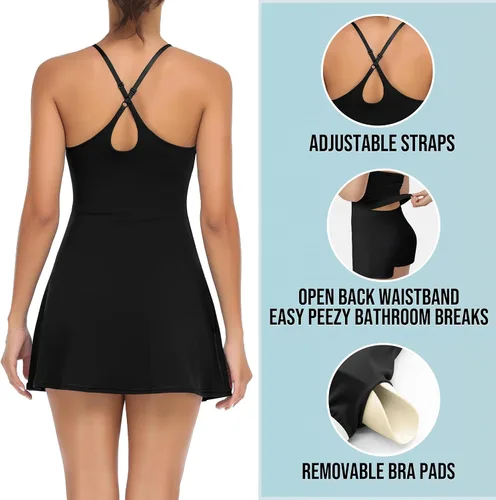 Miniatura 4 de Vestido de tenis de entrenamiento para mujer con pantalones cortos de brasier incorporados, correas ajustables para los hombros y bolsillos
