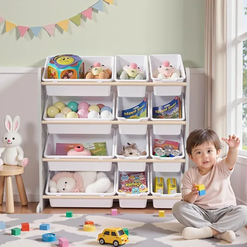 Miniatura 10 de VECELO Organizador de almacenamiento de juguetes para niños pequeños, 12 compartimientos, estante de madera para sala de juegos para niños, libros