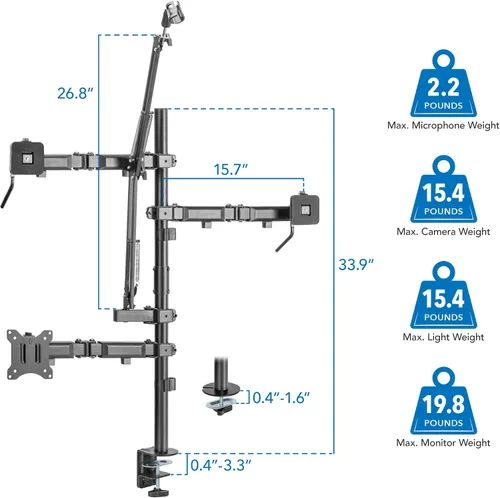 Miniatura 9 de Mount-It! Soporte de escritorio de transmisión todo en uno – Configuración de 4 brazos para monitor, cámara, anillo de luz y micrófono – Equipo