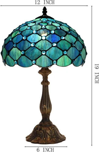 Miniatura 2 de Tiffany Lamp Stained Glass Table Lamp Bedside Reading Light W12H19 Inches (Sea Blue Pearl Style)