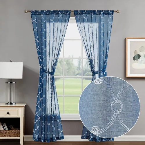 Miniatura 24 de Creative Home Ideas Cortinas transparentes (2 paneles, 38 x 63 pulgadas, azul), paneles de cortina geométricos bordados con alzapaños, cortinas