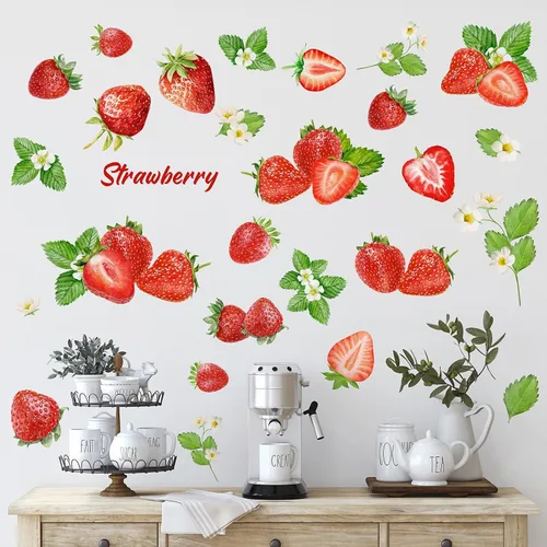 Miniatura 9 de Epakh 41 calcomanías de pared de limón, manzana, cereza y fresa, calcomanías para despegar y pegar, decoración de pared para gabinete de cocina