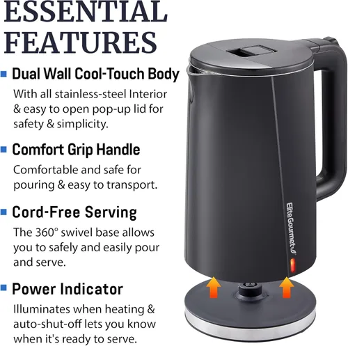 Miniatura 3 de Elite Gourmet Hervidor Eléctrico de 1.7L con Toque Frío de 1500W, Hervido Rápido, Completamente de Acero Inoxidable con Tapa y Interior Libre