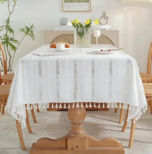 Miniatura 11 de Pahajim Mantel Rectangular a Rayas con Borlas, Mantel Grueso de Lino y Algodón para Picnic al Aire Libre, Comedor y Decoración de Cocina de Fiestas