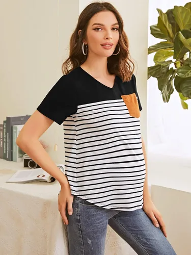 Miniatura 3 de Floerns Camiseta de manga corta con estampado de rayas y bloques de color para mujer