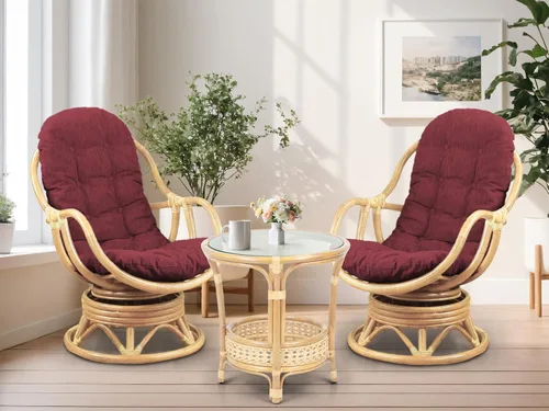 Miniatura 19 de Juego de 2 mecedoras giratorias Bali Lounge con cojín floral y mesa de centro redonda Pelangi, mimbre de ratán natural, hecho a mano, color colonial