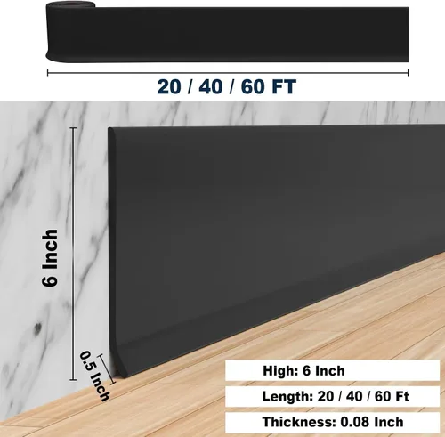 Miniatura 2 de Duzzy Moldura flexible para zócalo, 6 pulgadas de ancho x 40 pies de largo, moldura de goma para despegar y pegar, base de pared de vinilo Negro