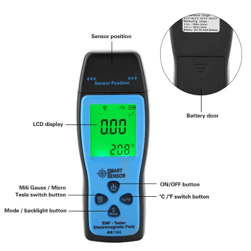 Miniatura 4 de Medidor EMF, Fydun AS1392 Mini pantalla LCD Detector de radiación electromagnética de mano
