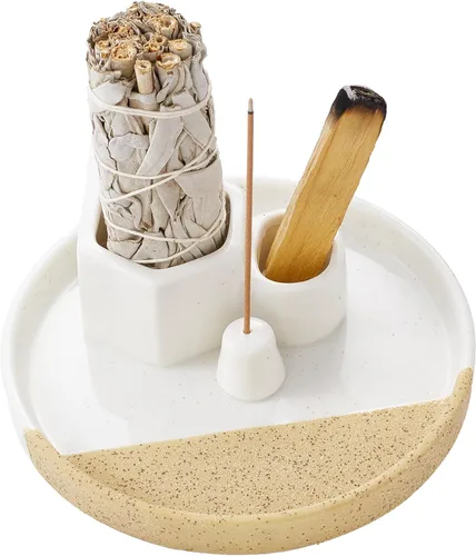 Soporte de incienso 4 en 1, bandeja de cerámica para manchas de 5.6 pulgadas, soporte de salvia, soporte de Palo Santo, soporte de incienso para