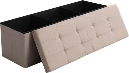 Miniatura 25 de Otomano de Almacenamiento Cúbico Pequeño, Reposapiés Plegable, Asiento Cuadrado, Otomano Acolchado de Lino Beige