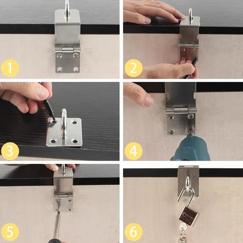Miniatura 9 de HOWDIA Juego de Candado de Puerta de 4 Pulgadas, Cerradura de Pestillo de 90 Grados con Tornillos y Candado de Acero Inoxidable de Seguridad