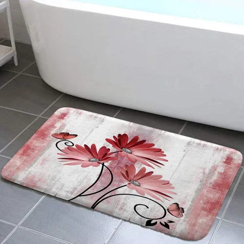 Miniatura 20 de Alfombra de Baño Rústica de Granja, Alfombra de Baño de Madera de Campo con Flores de Margaritas Moradas, Mariposas y Estilo Campestre, Alfombra