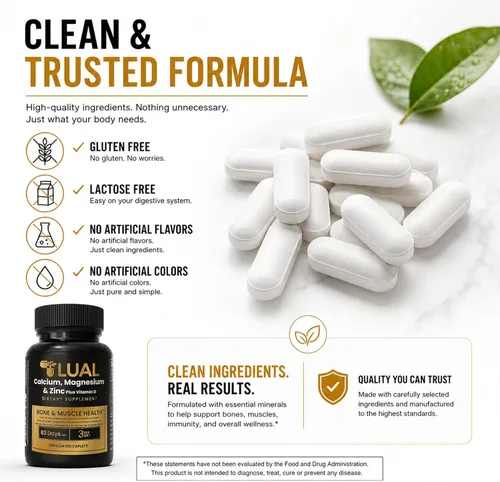 Miniatura 8 de LUAL Calcio, magnesio y zinc con vitamina D3 – Suplemento de apoyo óseo y muscular para adultos, 1000 mg de calcio, 400 mg de magnesio, 15 mg