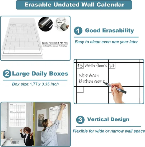 Miniatura 4 de Calendario grande de borrado en seco de 3 meses para pared, 36 x 24 pulgadas, calendario de pizarra blanca de tres meses sin fecha para oficina