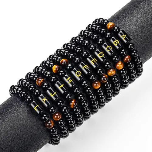 Miniatura 6 de Pulseras de iniciales para hombre, eslabones de letra, hechas a mano, 0.315 in, ónix negro natural, cuentas de piedra de ojo de tigre, cuerda