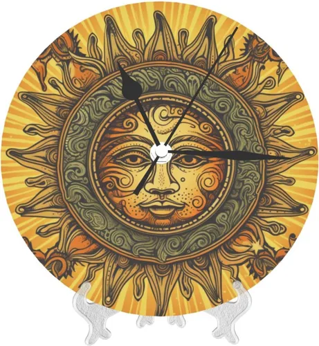 Miniatura 9 de Reloj de pared redondo de 10 pulgadas con batería de sol mexicano por flores, reloj silencioso sin tictac, estilo mexicano decorativo para sala