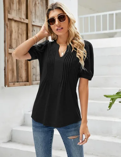 Miniatura 3 de Micoson Camisetas plisadas de manga corta con cuello en V para mujer, blusa casual de verano