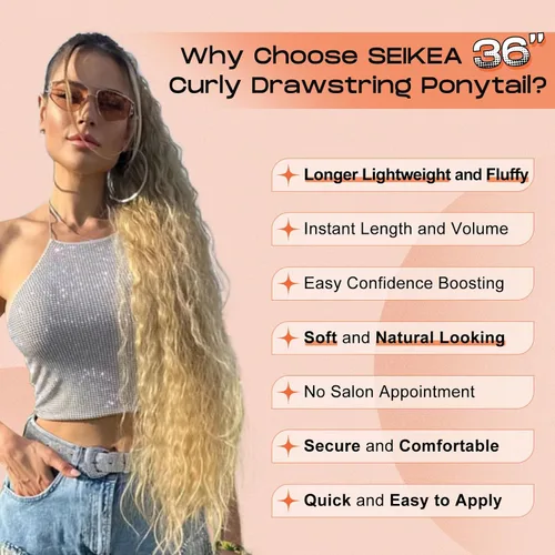 Miniatura 4 de SEIKEA Extensión de cola de caballo, cola de caballo falsa de 22" larga, ligera, rizada natural completa con cordón, extensión de cabello