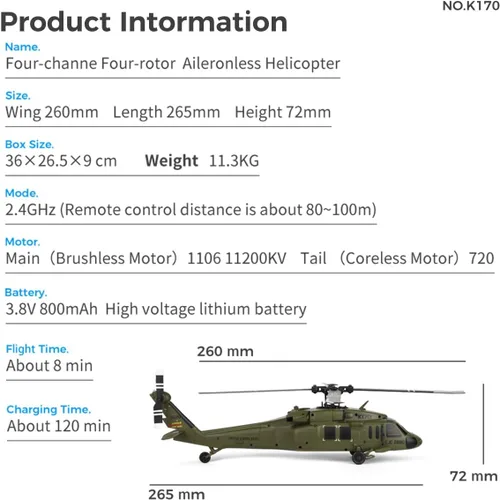 Miniatura 9 de Helicóptero RC para adultos, K170 UH-60L 170 Tamaño 2.4G 4CH 6-Axis Gyro Flybarless Helicóptero RC con altitud flotante, acelerador de mano