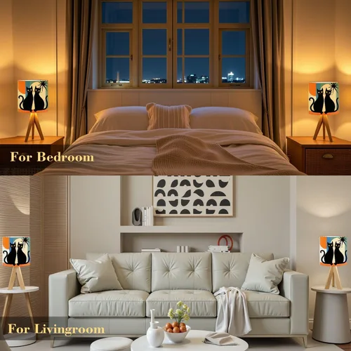 Miniatura 8 de Tripod Table Lamp Mid Century Modern Black Cat Retro Atomic Halloween Bedside Lamps Small Lamp Nightstand Lamp with Linen Lampshade Table Lamps for