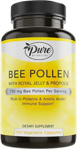 Pure By Nature Suplemento de polen de abeja con propóleo y jalea real para apoyo inmunológico, propiedades antioxidantes, 120 cápsulas vegetarianas