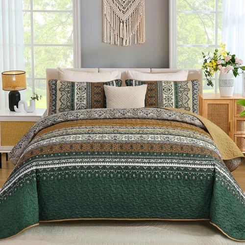 Miniatura 14 de WONGS BEDDING Juego de Colcha Morada Tamaño King, Juego de Colchas Bohemias a Rayas de 3 Piezas, Colcha Ligera de Microfibra para Todas las Púrpura