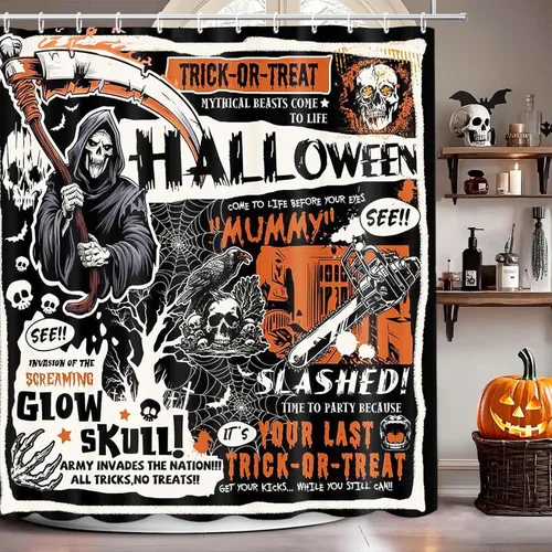 MEHOFOND Cortina de ducha vintage de Halloween, espeluznante truco o trato, cortina de ducha para baño, diseño gótico, calavera, esqueleto,