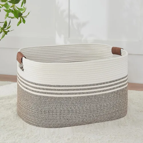 Miniatura 8 de AINUOQI Cesta de Ropa Sucia Grande Cesta de Lavandería con Asas de Cuero, Cesta de Almacenamiento Decorativa de Cuerda de Algodón Tejida para Yute
