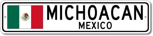 Michoacán, México, letrero de calle con bandera mexicana, letrero de metal novedoso, letrero personalizado, letrero de calle de la cueva del hombre,