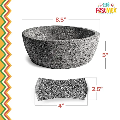 Miniatura 2 de Juego Auténtico de Mortero y Pilón Mexicano Hecho a Mano de 8 Pulgadas con Base Plana, Molcajete Mexicano — Utensilio de Cocina Mexicano Perfecto