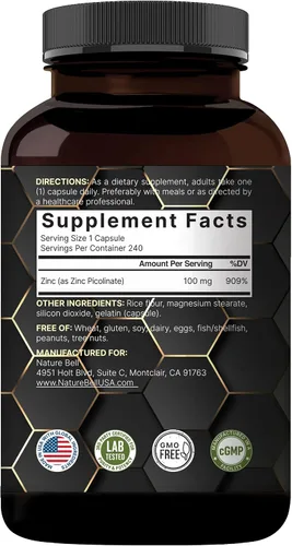 Miniatura 8 de Picolinato de zinc de alta potencia 100 mg – 240 cápsulas, forma biodisponible de zinc para apoyo inmunológico y salud de la piel – Sin OMG y gluten