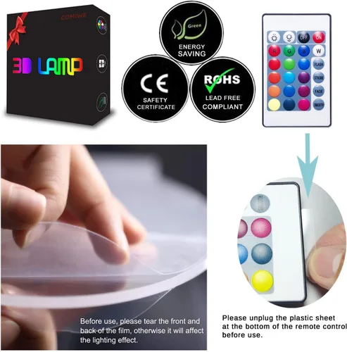 Miniatura 7 de Dolphin - Luz nocturna de ilusión 3D, lámpara de noche LED regulable de 16 colores con control táctil y remoto, USB y alimentada por batería