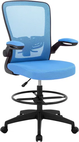 Miniatura 10 de Silla de oficina alta, de altura ajustable, con soporte lumbar y brazos abatibles; silla de respaldo de malla con reposapiés. Banco para escritorio