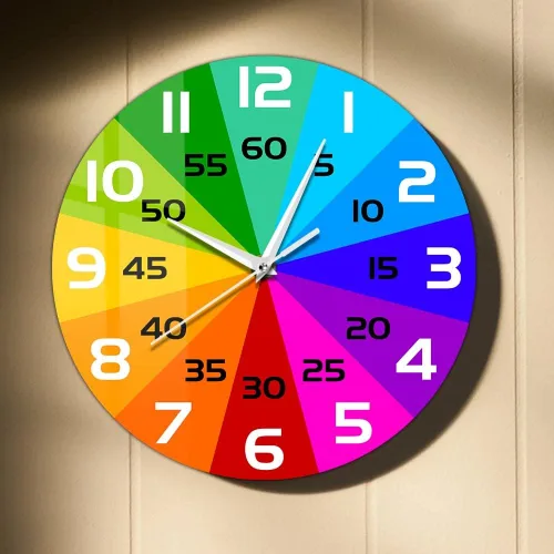 Reloj de pared educativo con ruedas de color arcoíris de 15 pulgadas, para enseñar la hora y aprender a decir la hora, silencioso, sin tictac,