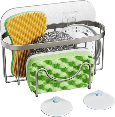 Miniatura 8 de HapiRm Organizador de esponja multifuncional con forma única en M, 2 métodos de instalación, organizador de fregadero de cocina, organizador