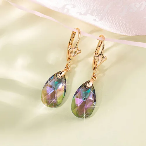 Miniatura 7 de Aretes con dijes con forma de lágrima de cristal austriaco, para mujer, cierre catalán, chapados en oro de 14 quilates joyas hipoalergénicas