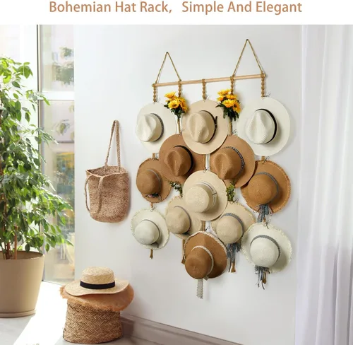 Miniatura 5 de Organizador de Sombreros de Macramé para Pared 15 Clips 31x53 Pulgadas Colgadores Grandes Exhibidor para Sombreros Fedora para Soporte de Sombreros