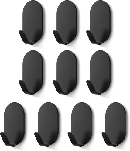 Ganchos autoadhesivos negros – Paquete de 10 ganchos de pared resistentes – Ganchos de pared sin clavos para baño, cocina, oficina, fregadero,