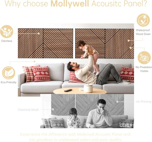 Miniatura 4 de Mollywell Paneles de pared acústicos artísticos, 23.6 x 23.6 pulgadas, paquete de 8 unidades, chapa de grano de madera de PVC, decoración de pared
