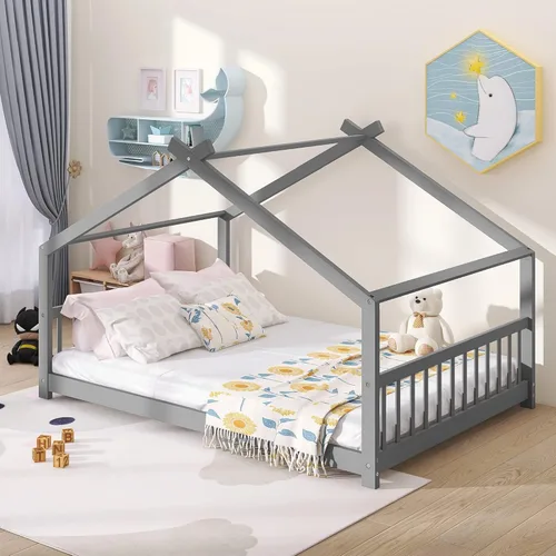 Miniatura 14 de Bellemave Cama Casa Tamaño Twin con 2 Cajones de Almacenamiento Cama Casa Montessori de Madera para Niños Marco de Cama de Madera Casa de Juegos Gris