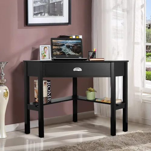 Miniatura 9 de RELAX4LIFE Escritorio esquinero para computadora triangular con cajón y estantes, mesa estable para computadora portátil, escritorio para oficina