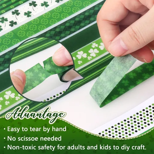Miniatura 3 de Juego de cinta decorativa verde de 20 rollos de cinta washi del día de San Patricio para trébol de la suerte, cinta adhesiva para bricolaje del día