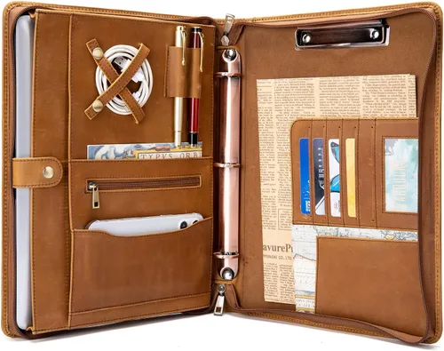 Miniatura 9 de YIWEN Portafolio de cuero genuino hecho a mano, portafolio con cremallera y carpeta de 3 anillos, organizador profesional de negocios, carpeta