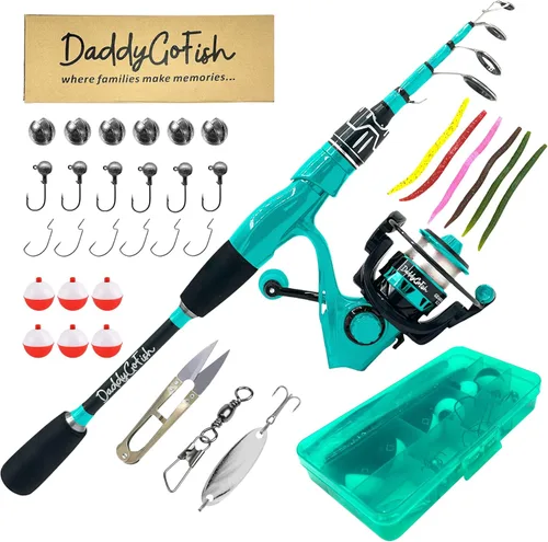 Miniatura 10 de DaddyGoFish Juego combinado de caña de pescar y carrete giratorio con caja de aparejos Caña de pescar para niños Kit de caña de pescar Rosa