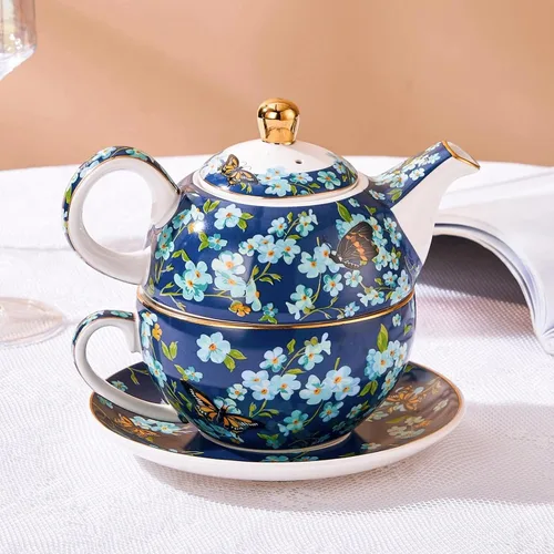 Miniatura 3 de Juego de té para uno, tetera y taza de porcelana, juego de té para una persona, tetera floral, juego de té de regalo para mujeres, mariposa azul