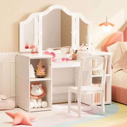 Miniatura 6 de GarveeHome Tocador para niños con luces, gabinete de almacenamiento y espejo plegable desmontable con luz táctil, juego de mesa y silla para niños