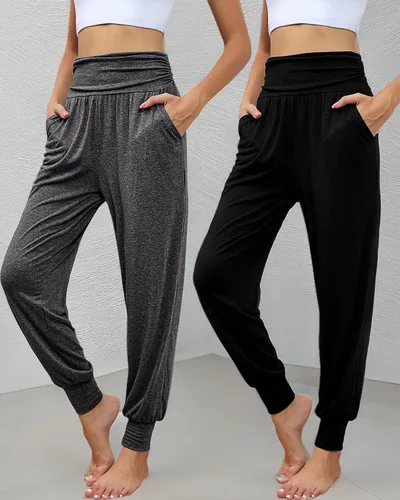 Miniatura 8 de Paquete de 2 pantalones deportivos de yoga para mujer, cómodos pantalones deportivos con bolsillos, casuales, holgados, cómodos y de cintura alta
