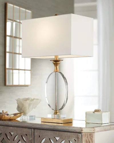 Vienna Full Spectrum Valerie Modern Glam - Lámpara de mesa de lujo de 28 pulgadas de alto, cristal transparente dorado, tela blanca, pantalla