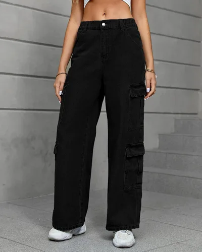 Miniatura 2 de Pantalones cargo para mujer, elásticos, de cintura alta, holgados, con bolsillo con solapa, rectos, casuales, Y2K.