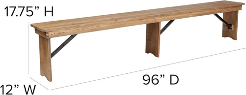Miniatura 3 de Flash Furniture Hercules Series - Banco plegable de pino macizo rústico de grado comercial de 8 x 12 pies, banco de comedor antiguo de 3 patas